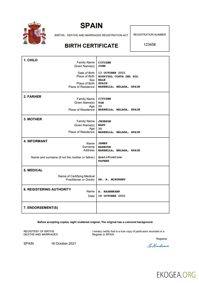 Modèle Word et PDF d'acte de naissance en Espagne